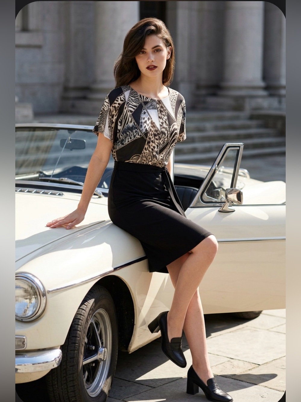 VENUS Black and White Animal Print Dress with overlay in front